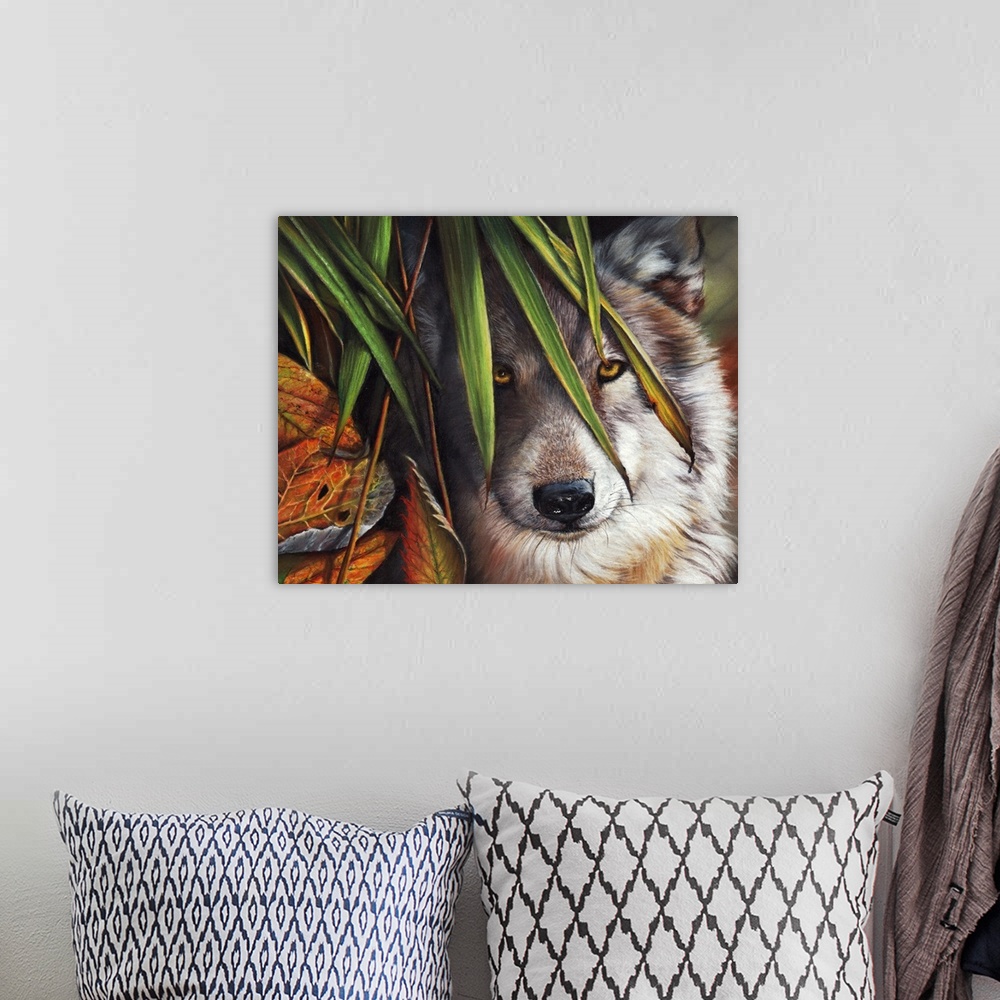 A bohemian room featuring An elusive gray wolf peers through Autumn foliage, captured with pastels.