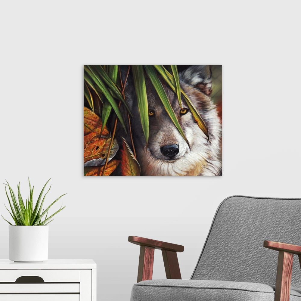 A modern room featuring An elusive gray wolf peers through Autumn foliage, captured with pastels.