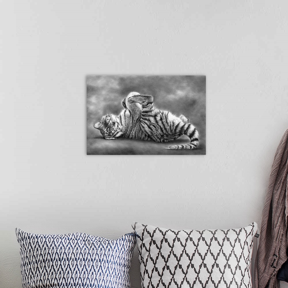 A bohemian room featuring A very young and playful tiger cub, created with graphite pencils on paper.
