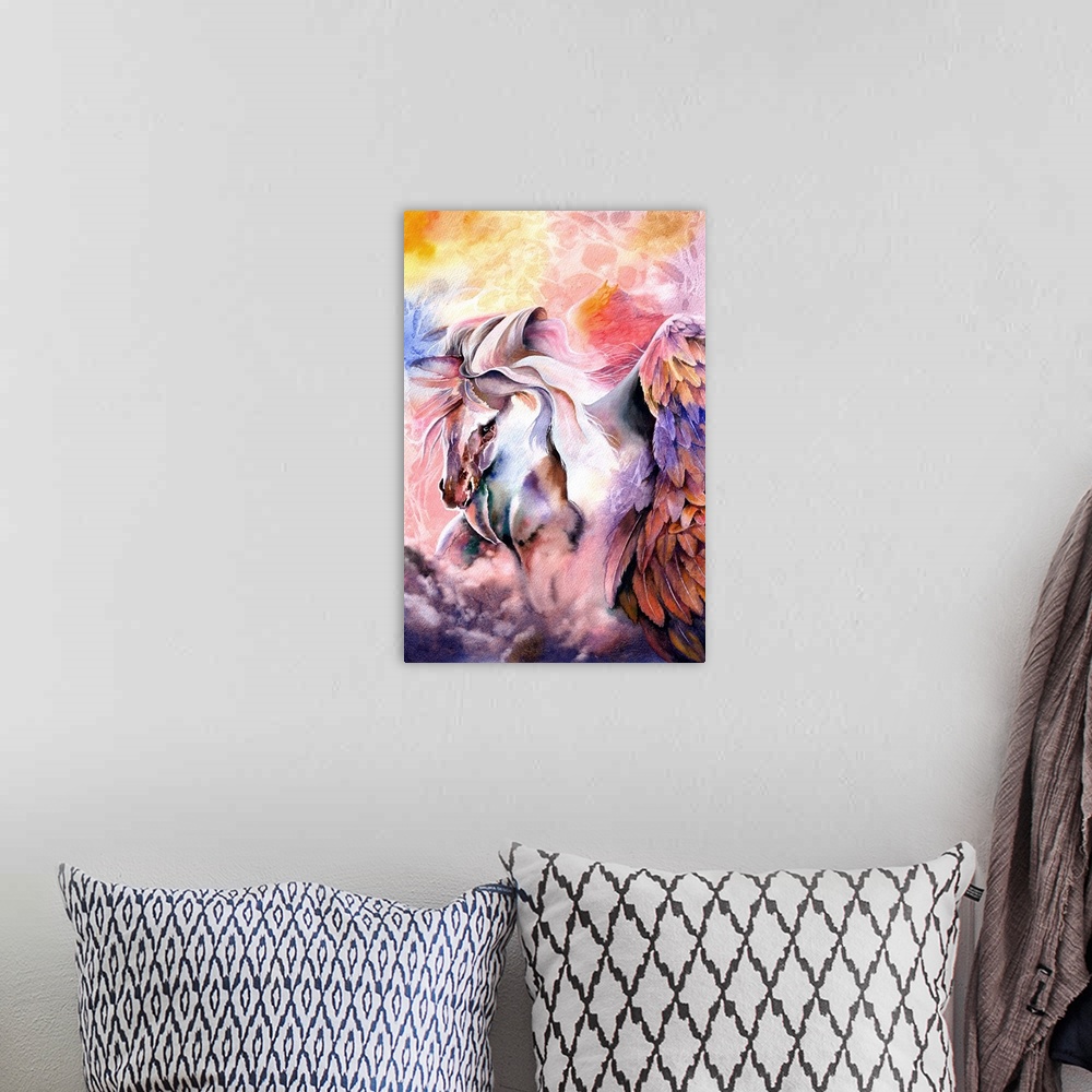 A bohemian room featuring An impressionistic watercolour painting of a mighty winged horse.