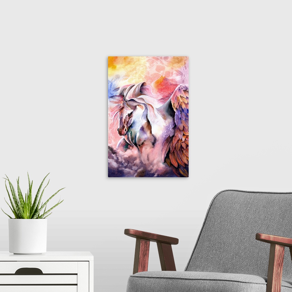 A modern room featuring An impressionistic watercolour painting of a mighty winged horse.