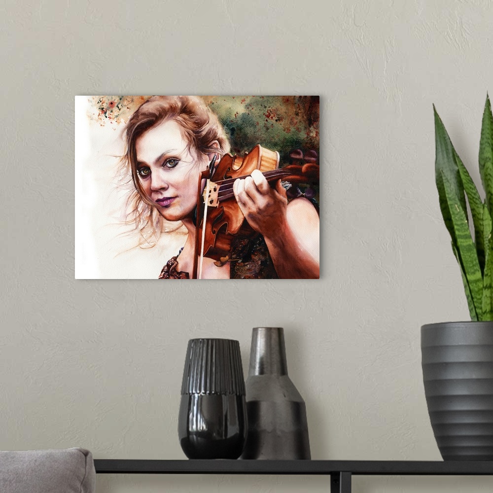 A modern room featuring An intense portrait of a beautiful musician captured with watercolour.