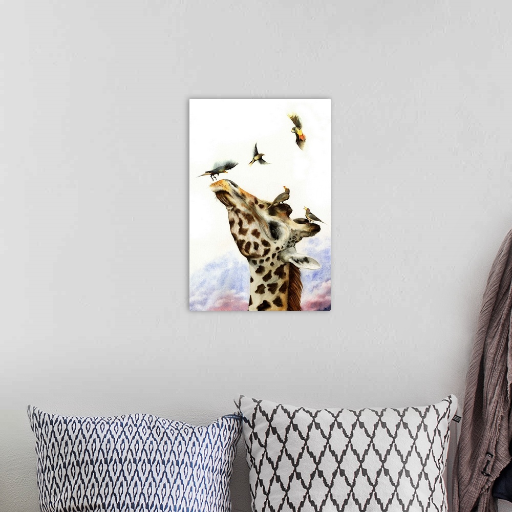 A bohemian room featuring A watercolour painting of a giraffe being pestered by ox-peckers