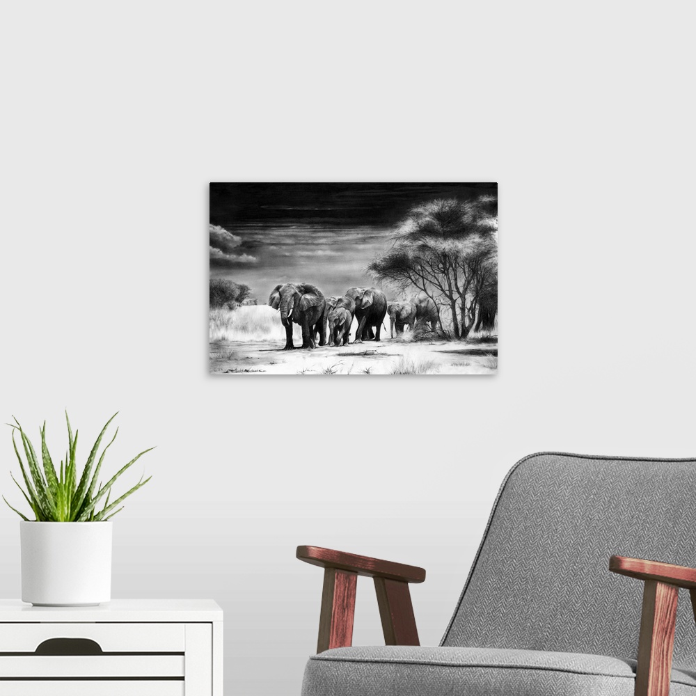 A modern room featuring A herd of African elephants calmly approaching a waterhole, created with graphite pencils on paper.