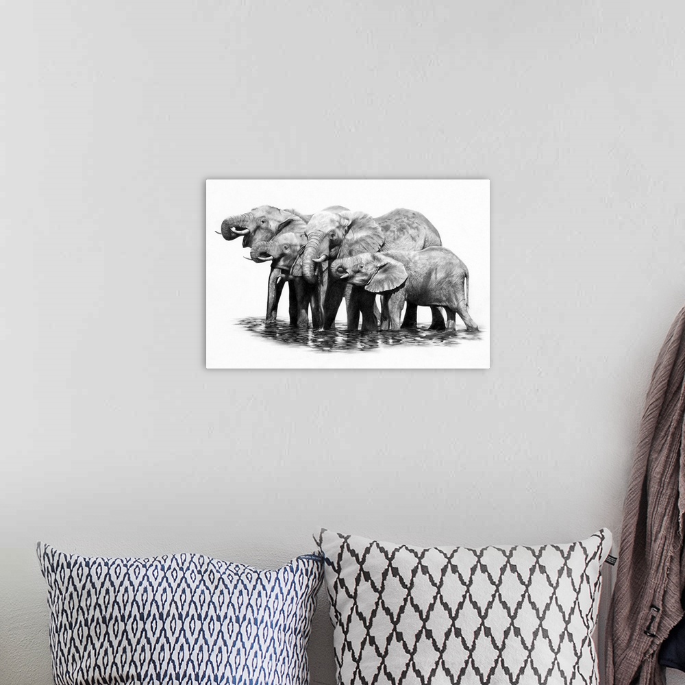 A bohemian room featuring A pencil drawing of a group of elephants taking a drink.