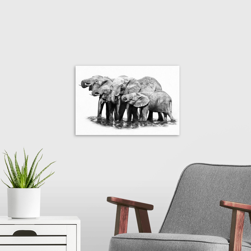 A modern room featuring A pencil drawing of a group of elephants taking a drink.