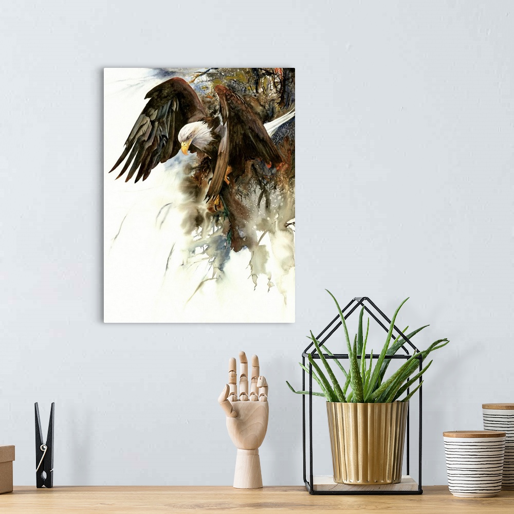 A bohemian room featuring Watercolor painting of an eagle in flight.