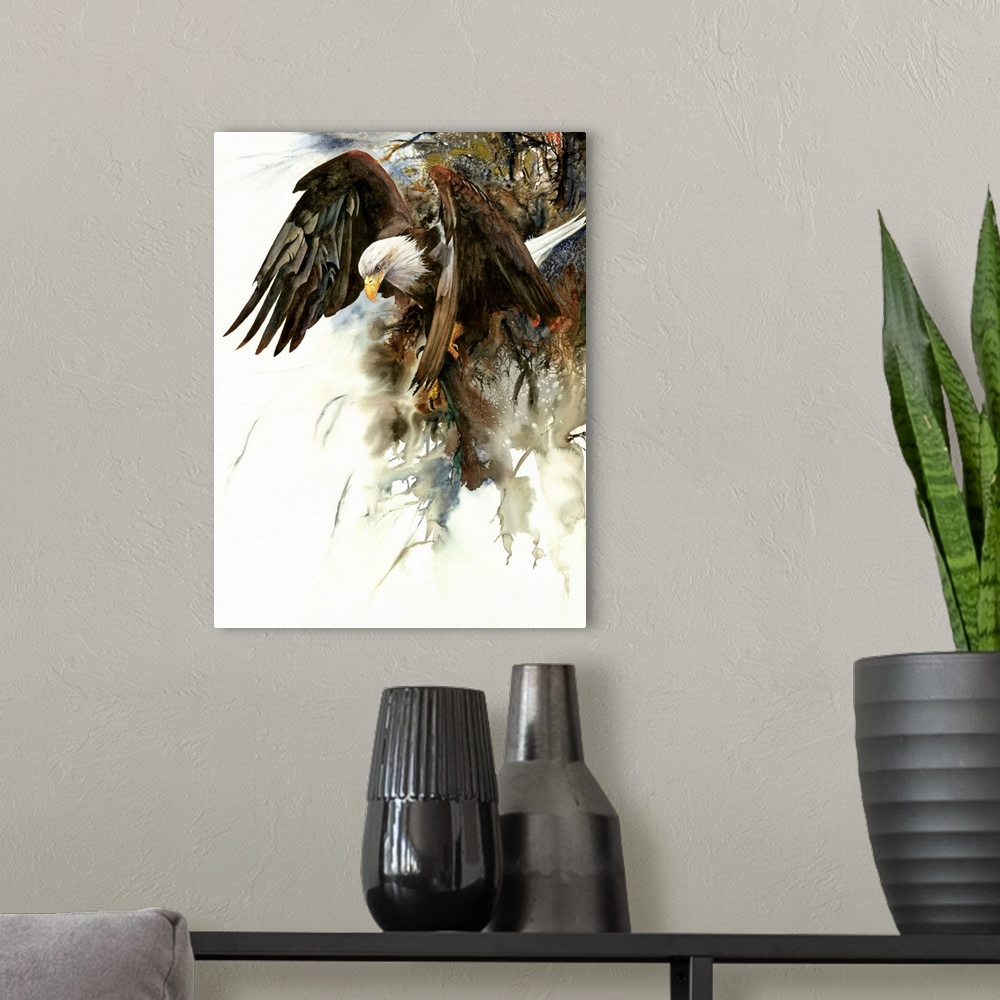 A modern room featuring Watercolor painting of an eagle in flight.