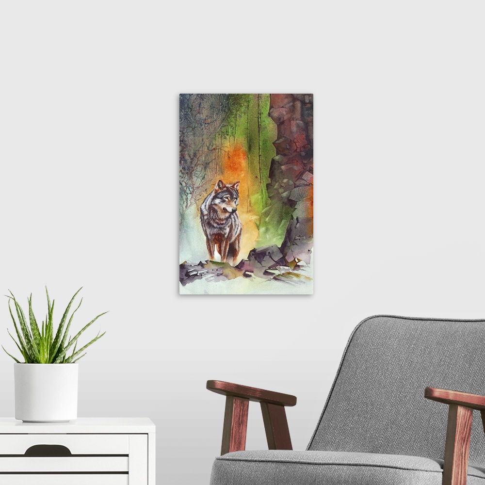 A modern room featuring A watercolour painting of a wolf on some rocks in a mountain forest by UK artist Peter Williams.