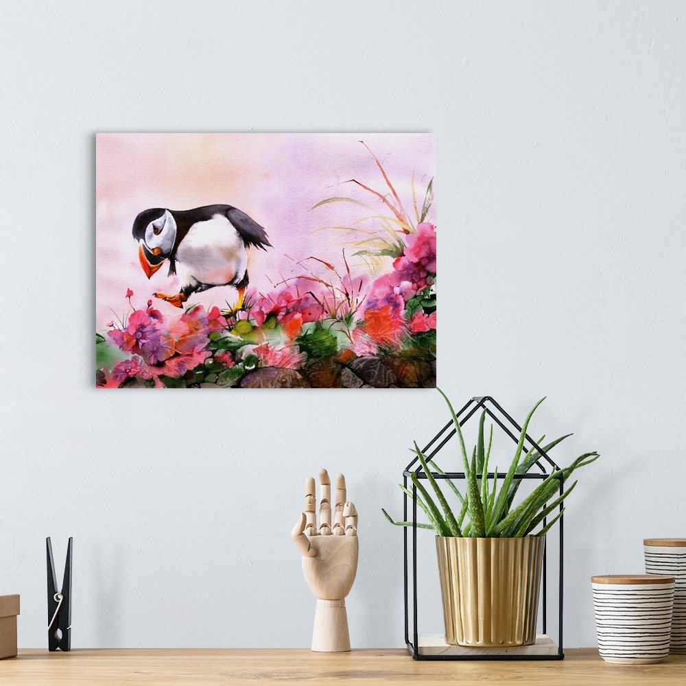 A bohemian room featuring A dancing Atlantic Puffin in amongst wild flowers, foliage and rocks.