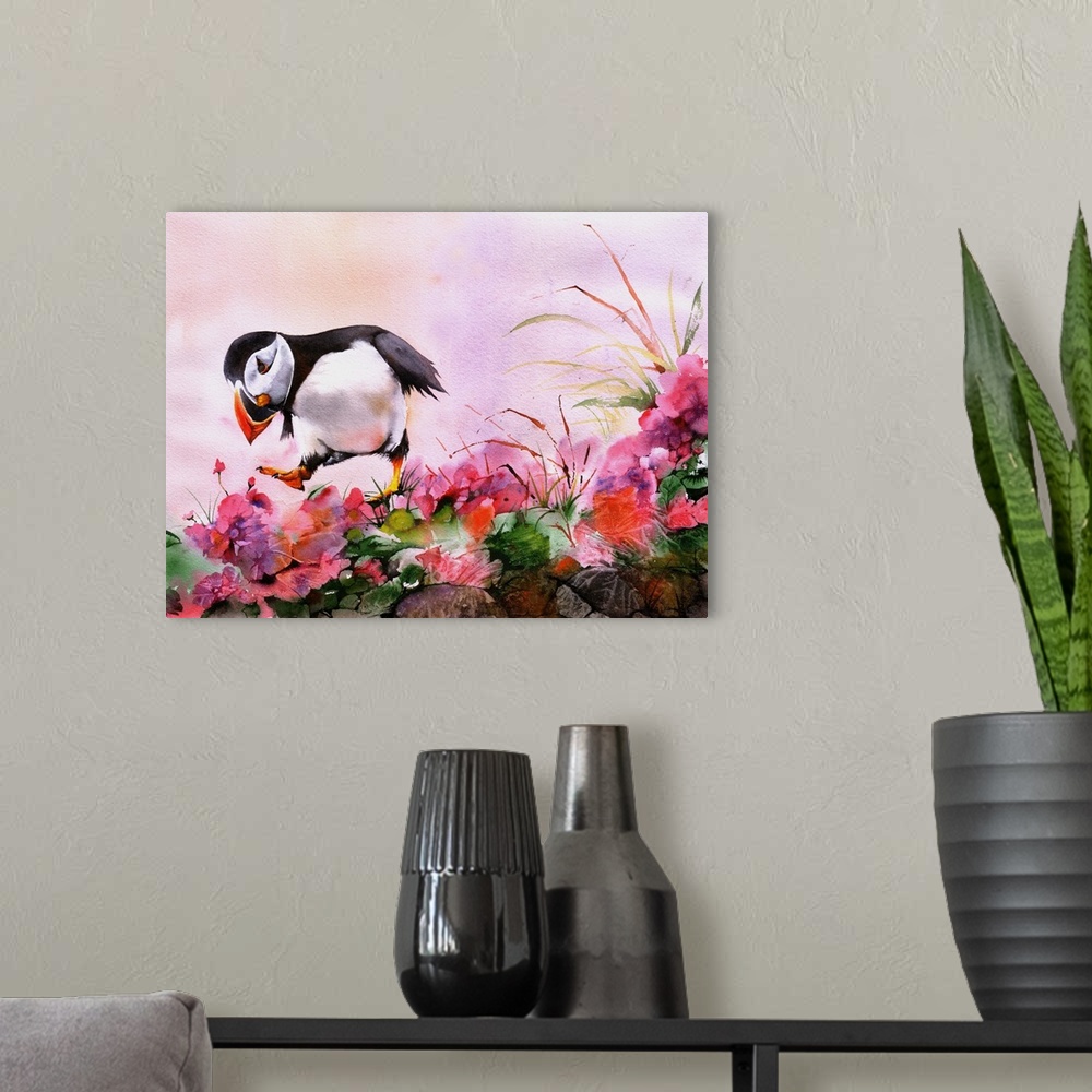 A modern room featuring A dancing Atlantic Puffin in amongst wild flowers, foliage and rocks.
