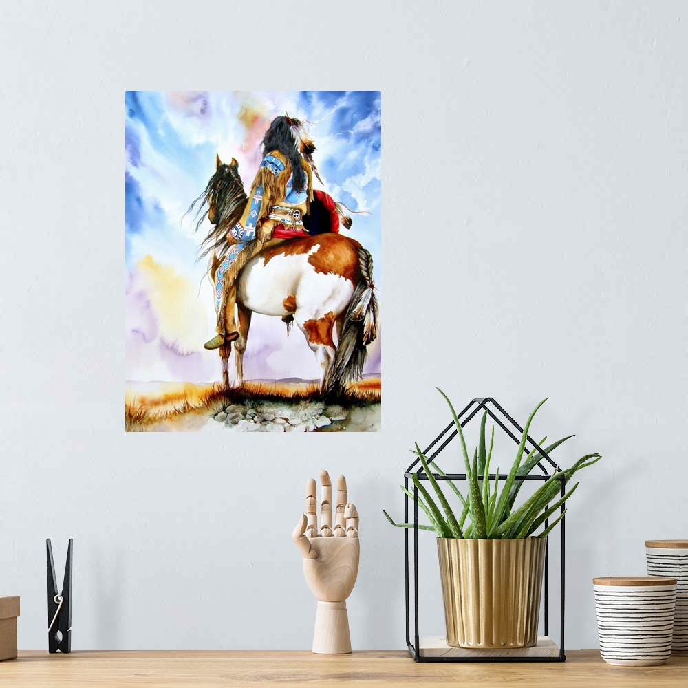 A bohemian room featuring A warrior pauses aboard his pinto pony to survey the country ahead.
