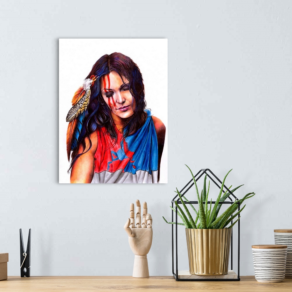 A bohemian room featuring A colored pencil portrait of a woman with feathers in her hair.