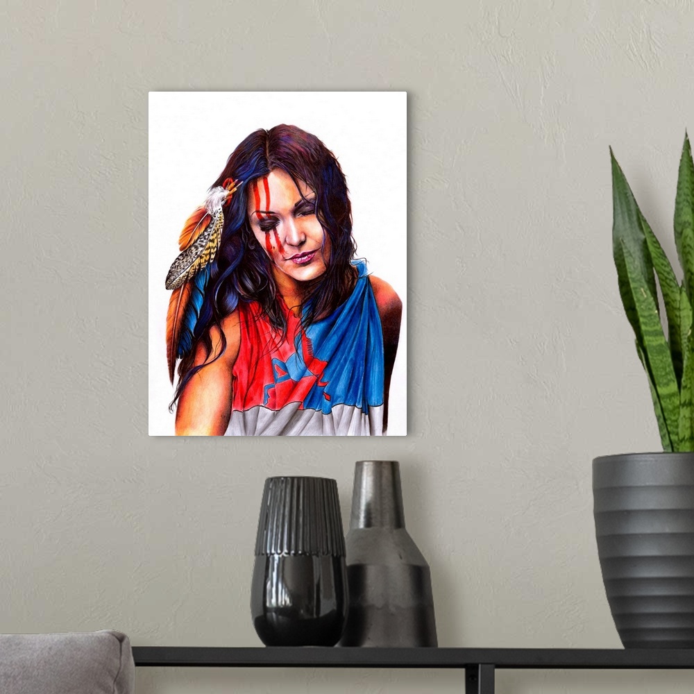 A modern room featuring A colored pencil portrait of a woman with feathers in her hair.