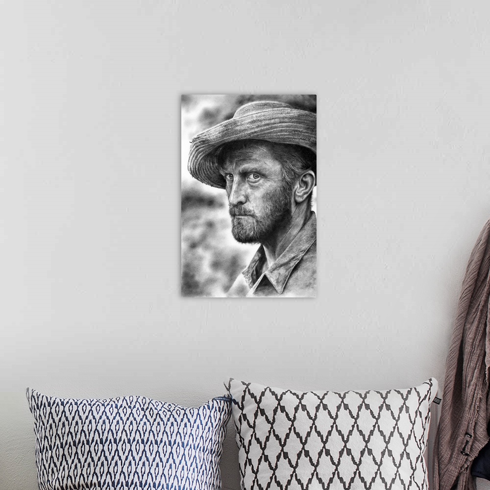 A bohemian room featuring A pencil portrait of Kirk Douglas as Vincent Van Gogh based on a still from the 1956 movie Lust F...