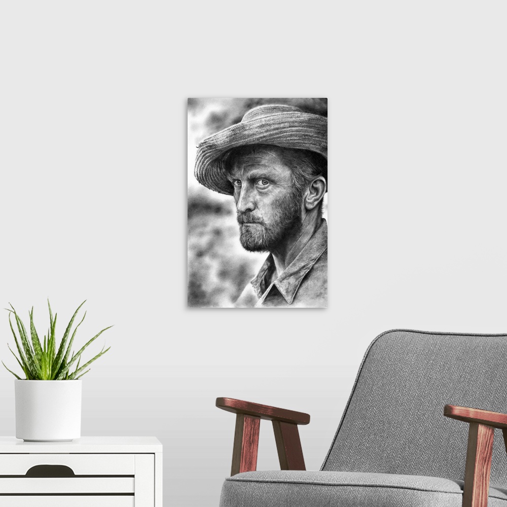 A modern room featuring A pencil portrait of Kirk Douglas as Vincent Van Gogh based on a still from the 1956 movie Lust F...