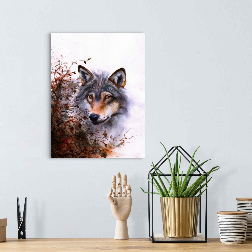 A bohemian room featuring A watercolour painting of a grey wolf behind a thorn bush.