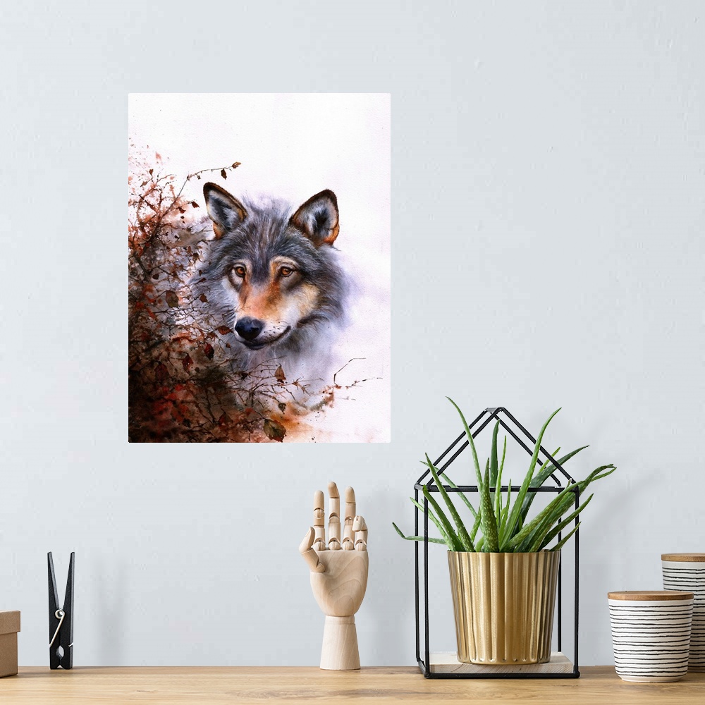 A bohemian room featuring A watercolour painting of a grey wolf behind a thorn bush.