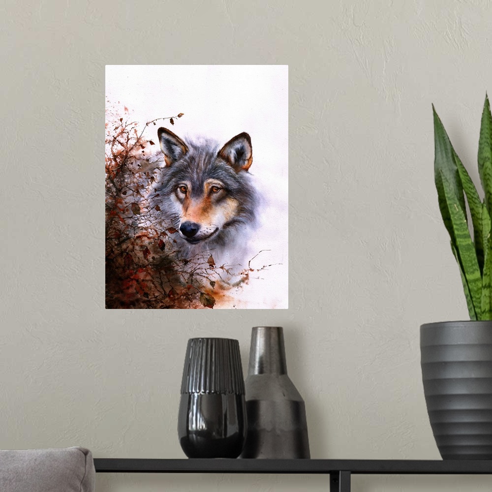 A modern room featuring A watercolour painting of a grey wolf behind a thorn bush.