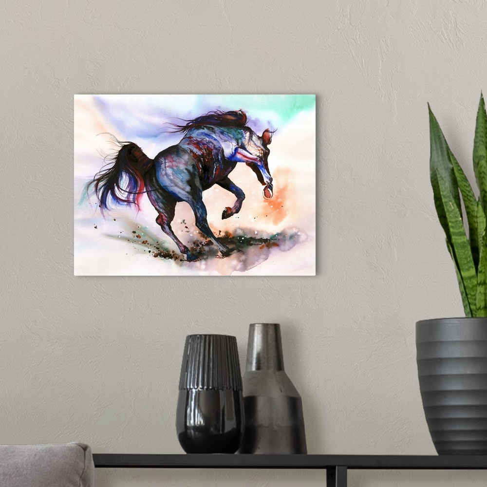 A modern room featuring An impressionistic watercolor interpretation of a spirited stallion bursting into a gallop.