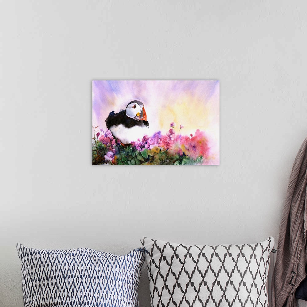 A bohemian room featuring Originally painted in watercolour, a little puffin settles among flowers and foliage.