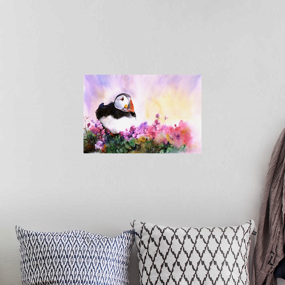 A bohemian room featuring Originally painted in watercolour, a little puffin settles among flowers and foliage.