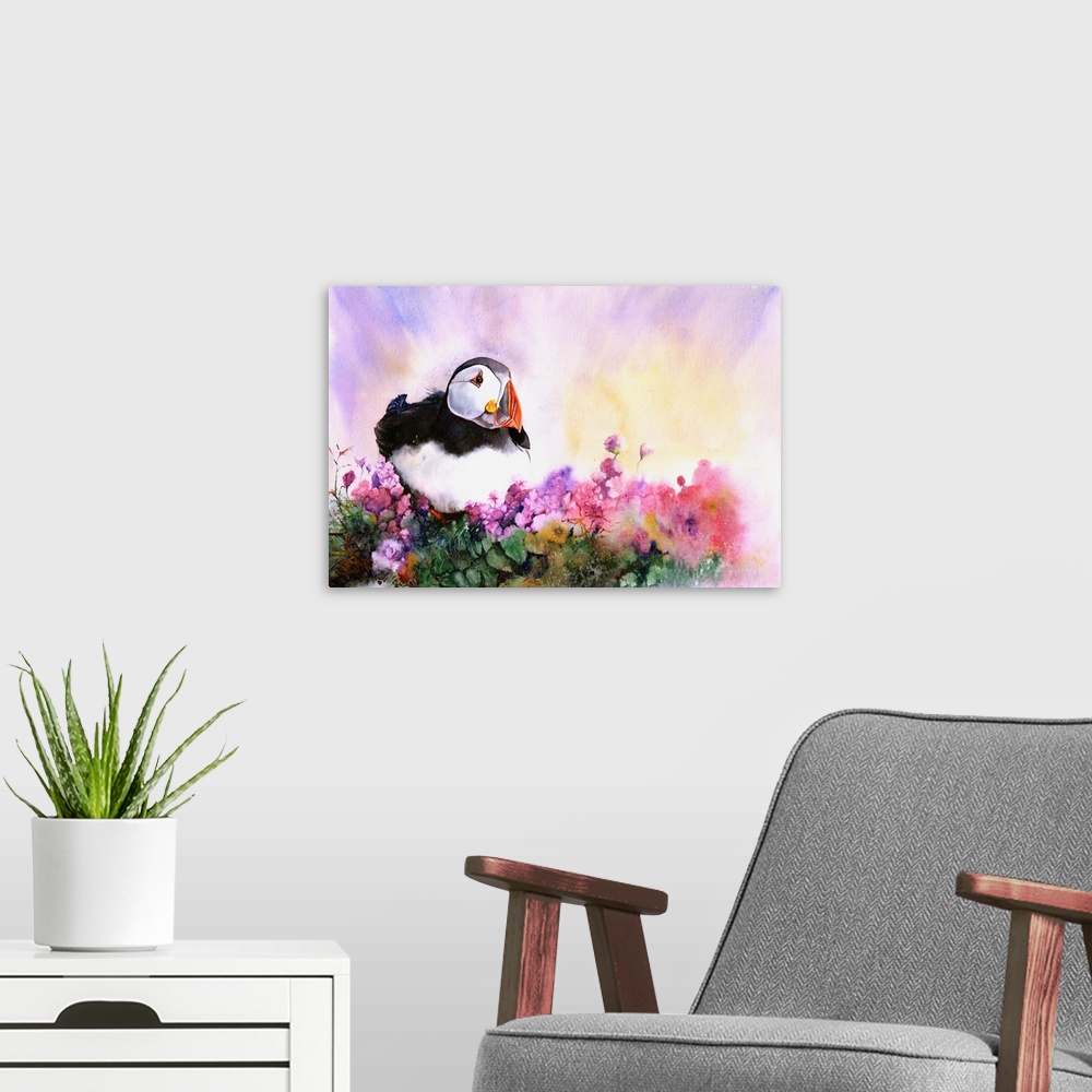 A modern room featuring Originally painted in watercolour, a little puffin settles among flowers and foliage.