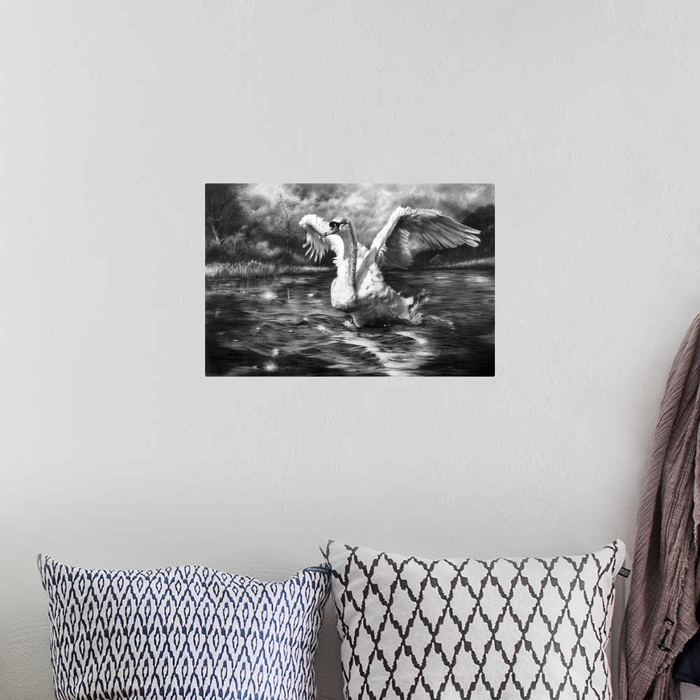 A bohemian room featuring A scene from a local lake, drawn originally with graphite pencil.