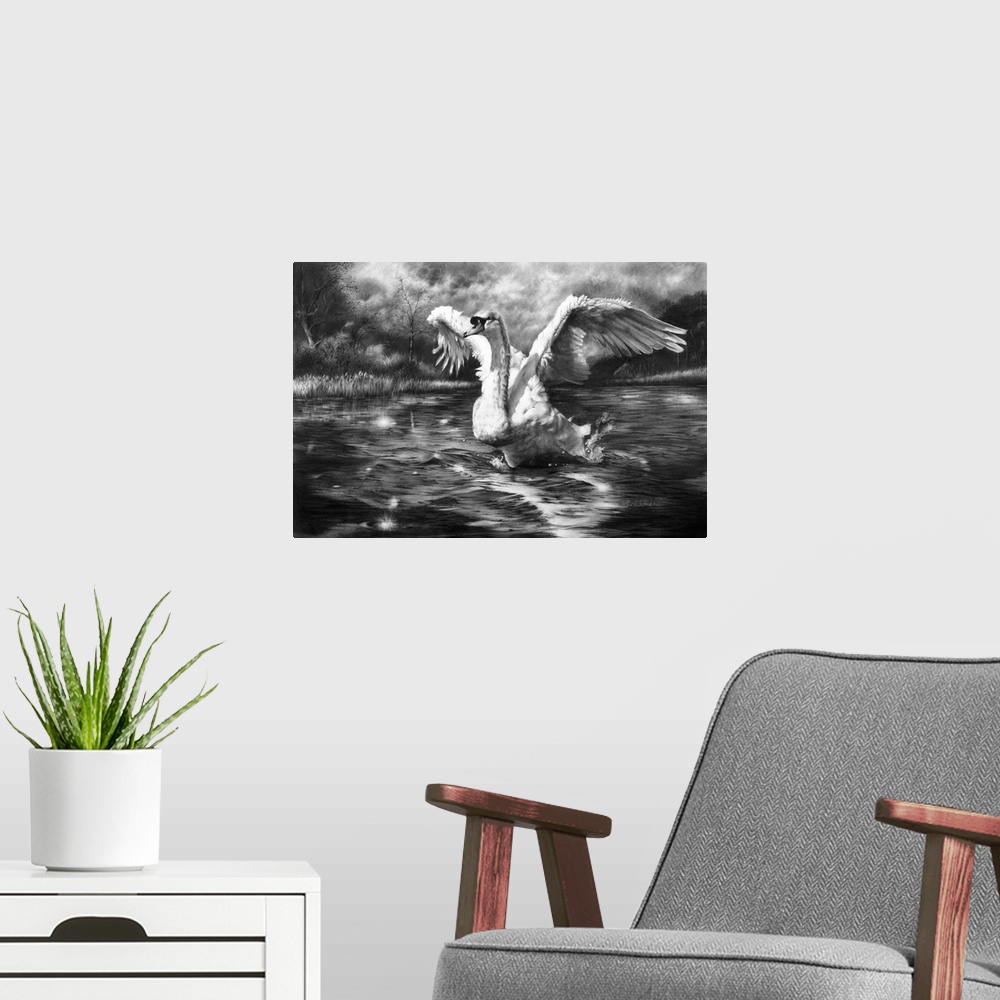A modern room featuring A scene from a local lake, drawn originally with graphite pencil.