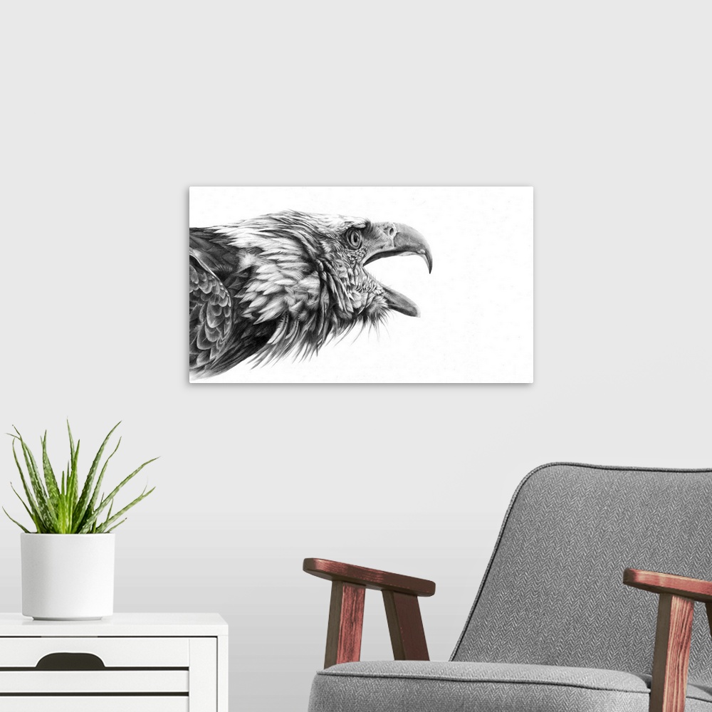 A modern room featuring A pencil drawing portrait of a bald headed eagle