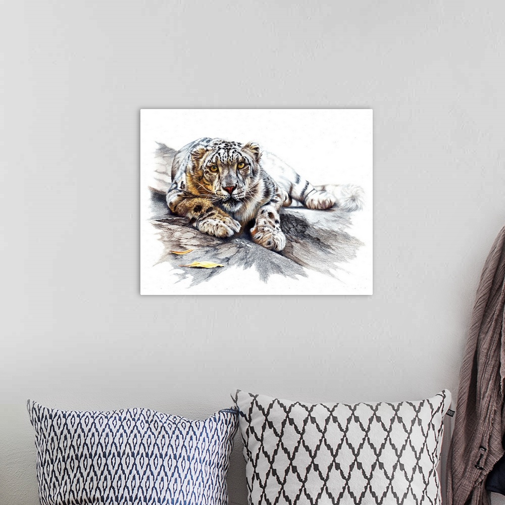 A bohemian room featuring A coloured pencil drawing of a snow leopard