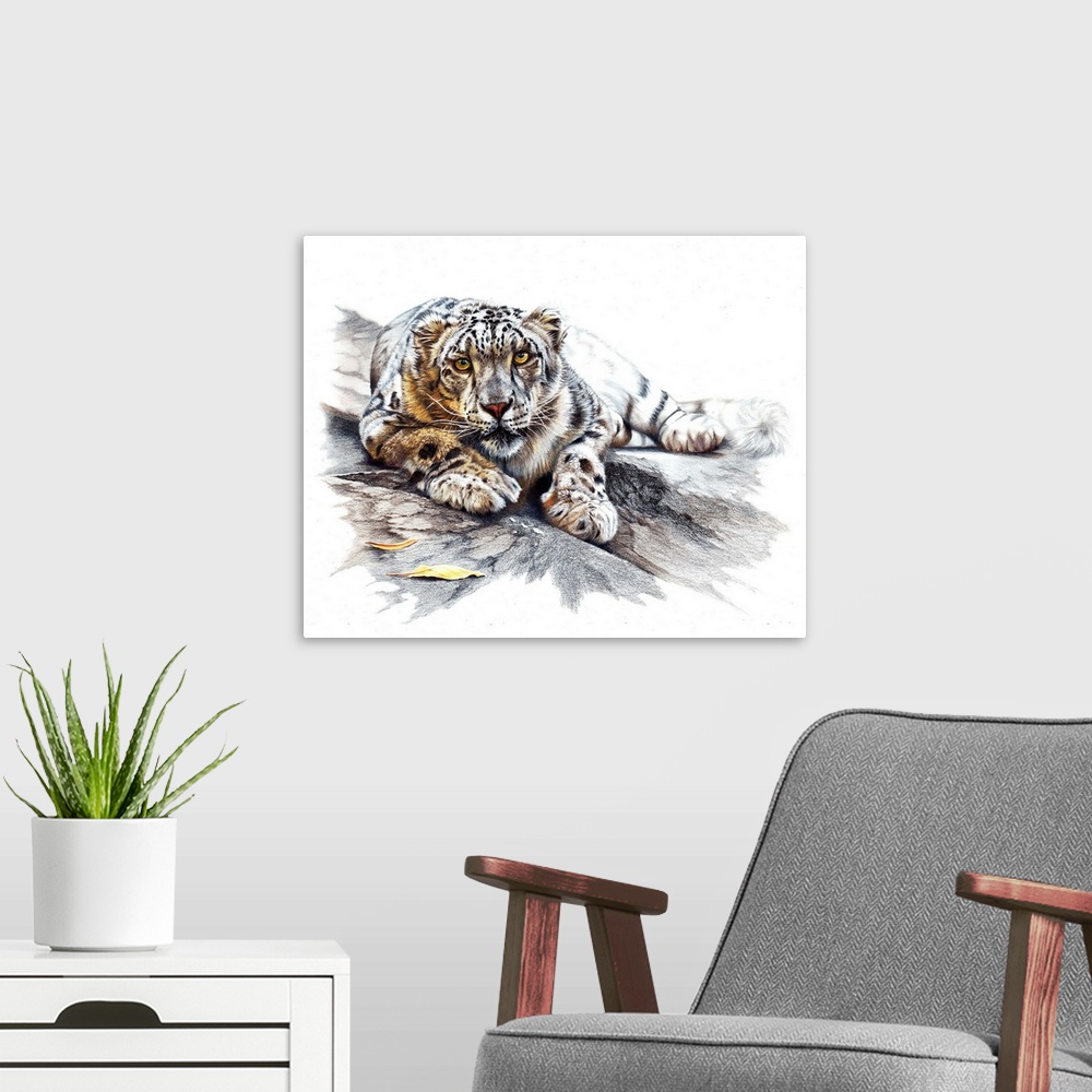 A modern room featuring A coloured pencil drawing of a snow leopard