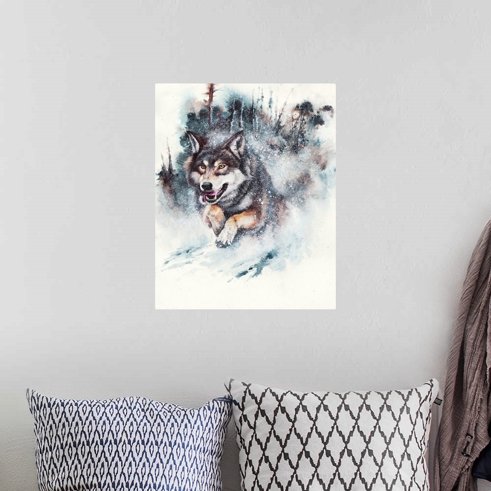 A bohemian room featuring A watercolor painting of a running wolf in snow