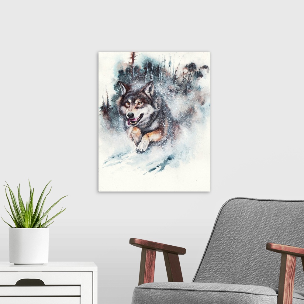 A modern room featuring A watercolor painting of a running wolf in snow