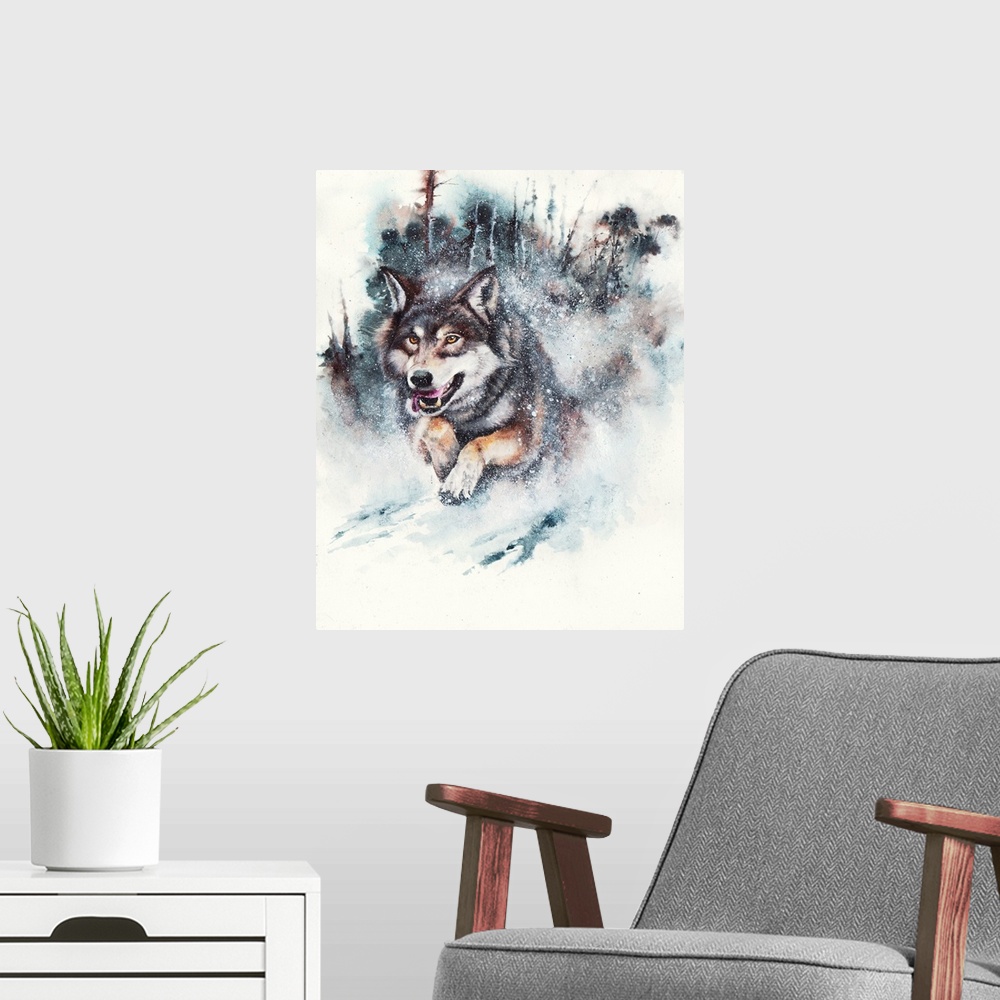 A modern room featuring A watercolor painting of a running wolf in snow