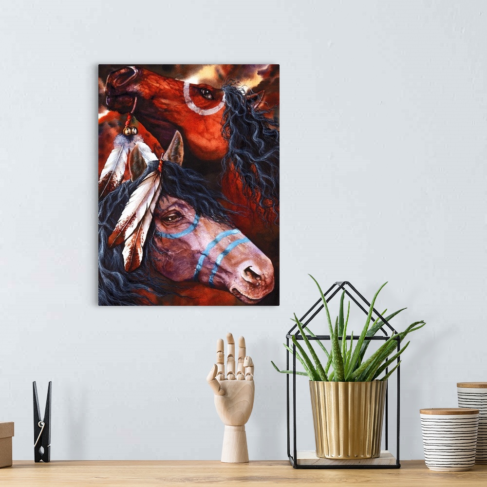 A bohemian room featuring Two Indian ponies getting frisky and excited during a stormy night. Created with watercolor on pa...