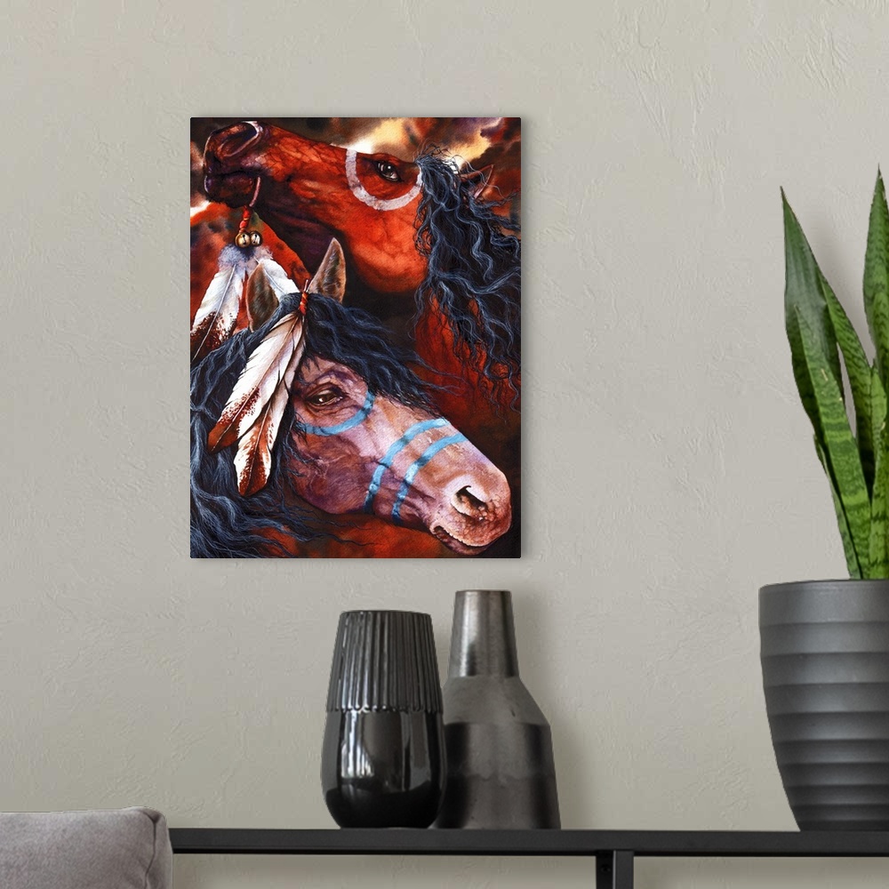 A modern room featuring Two Indian ponies getting frisky and excited during a stormy night. Created with watercolor on pa...