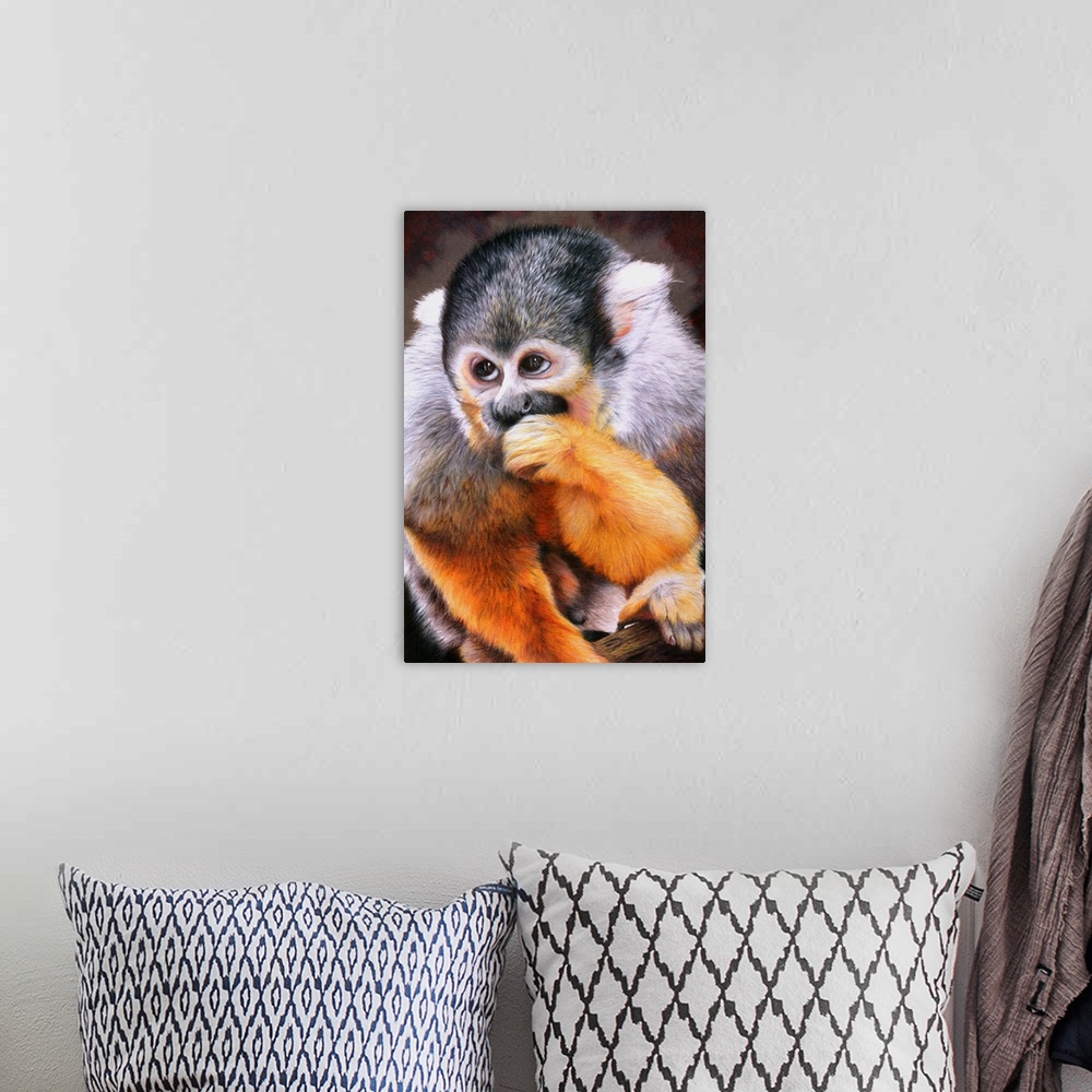 A bohemian room featuring Originally drawn with coloured pencils, a portrait of a cheeky little squirrel monkey.
