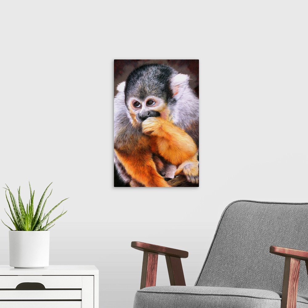A modern room featuring Originally drawn with coloured pencils, a portrait of a cheeky little squirrel monkey.