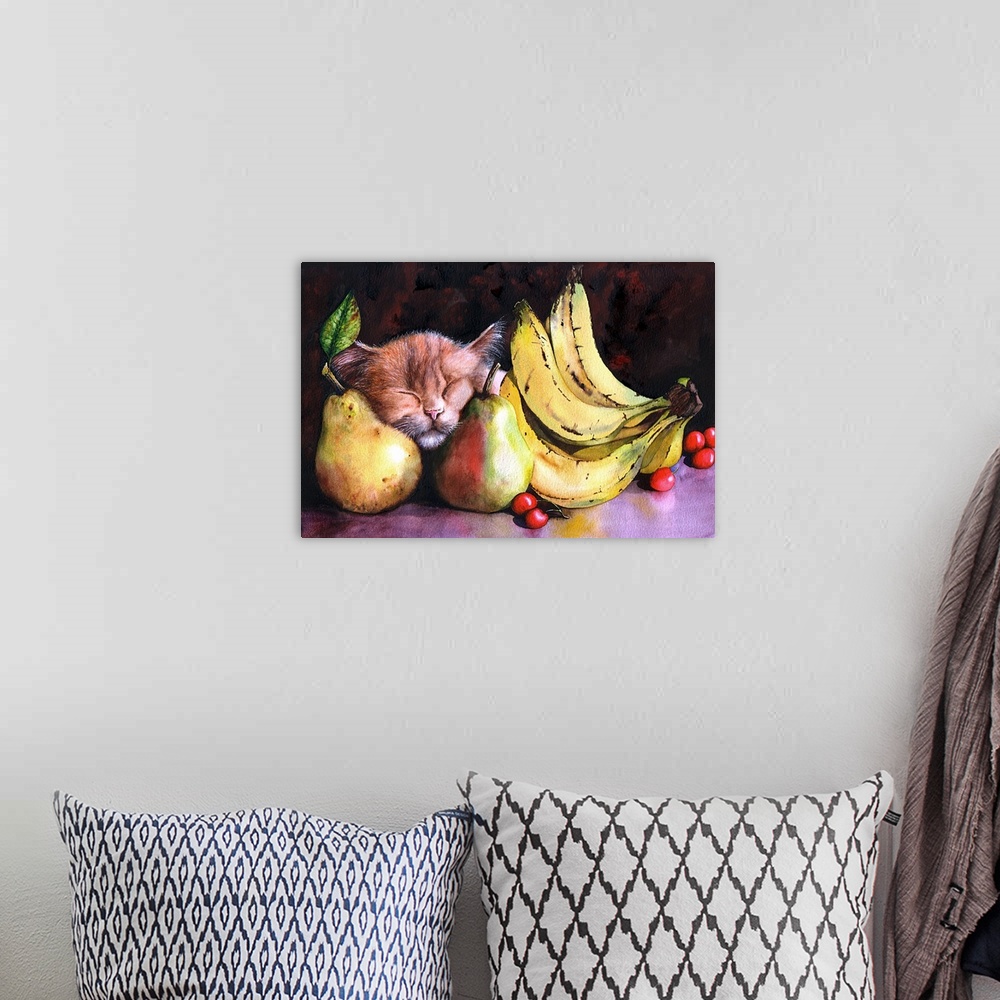 A bohemian room featuring Contemporary painting of a kitten sleeping on pears next to a bunch of bananas.