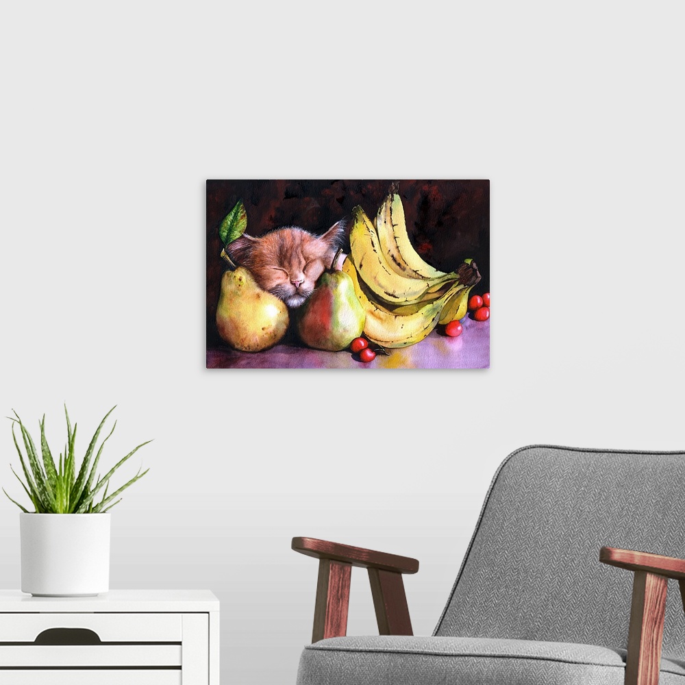A modern room featuring Contemporary painting of a kitten sleeping on pears next to a bunch of bananas.