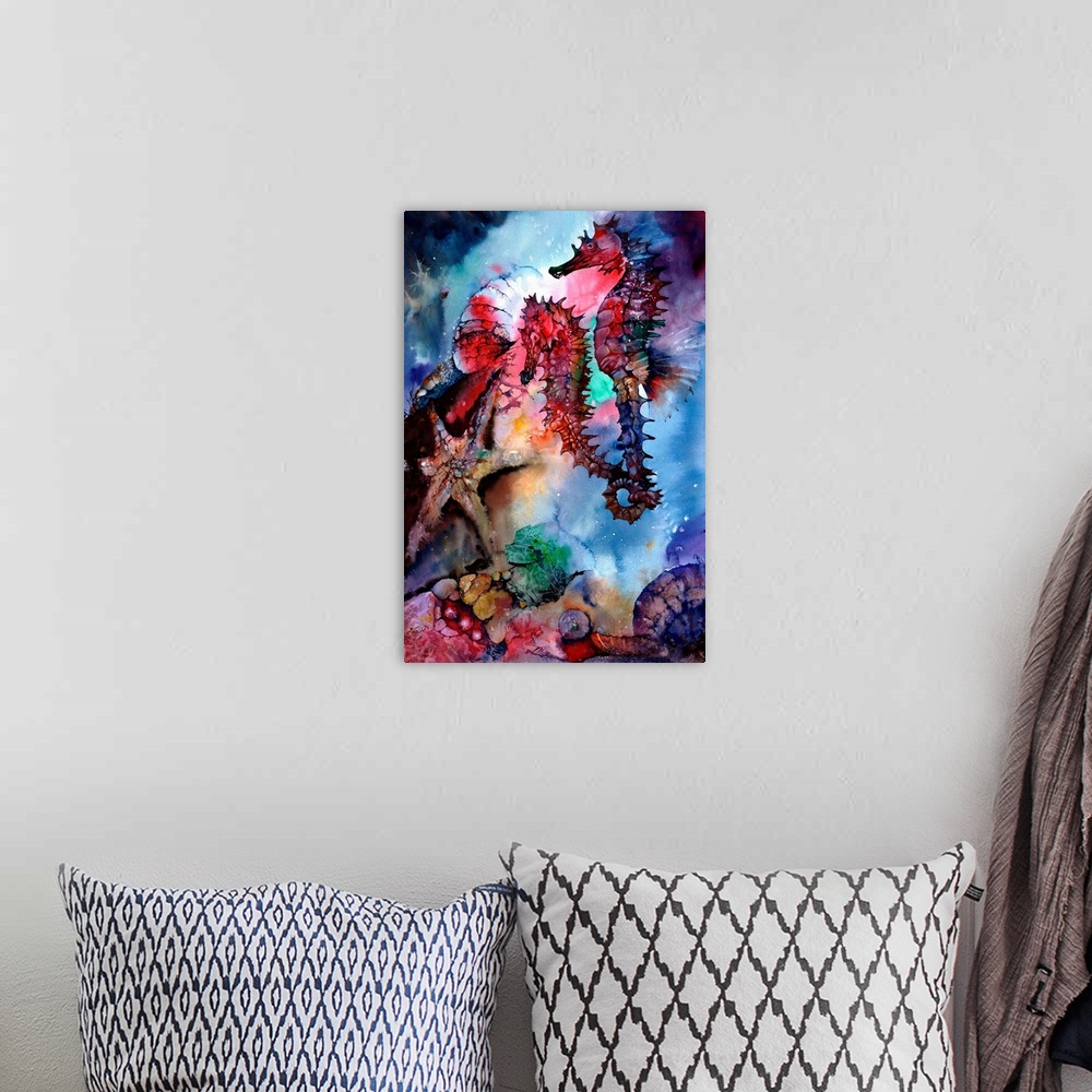 A bohemian room featuring A colorful, impressionistic watercolor depicting sea horses and other sea creatures. Loosely pain...