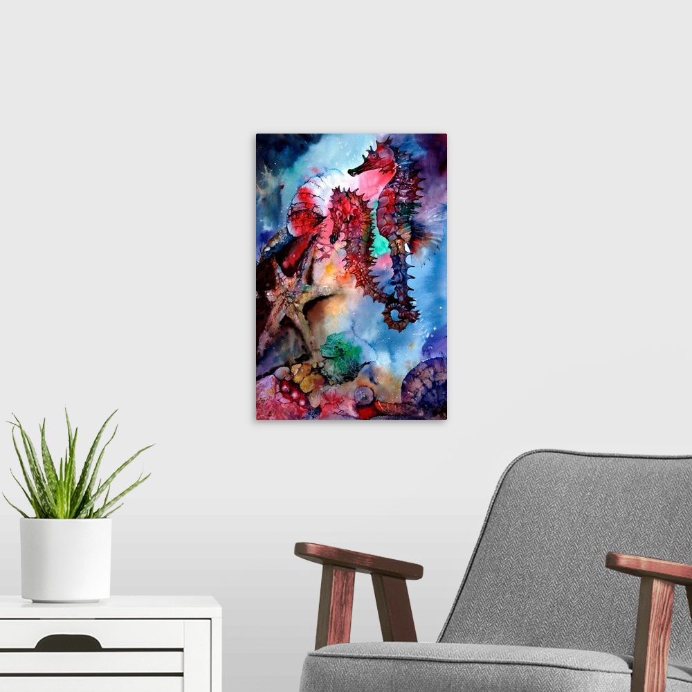 A modern room featuring A colorful, impressionistic watercolor depicting sea horses and other sea creatures. Loosely pain...