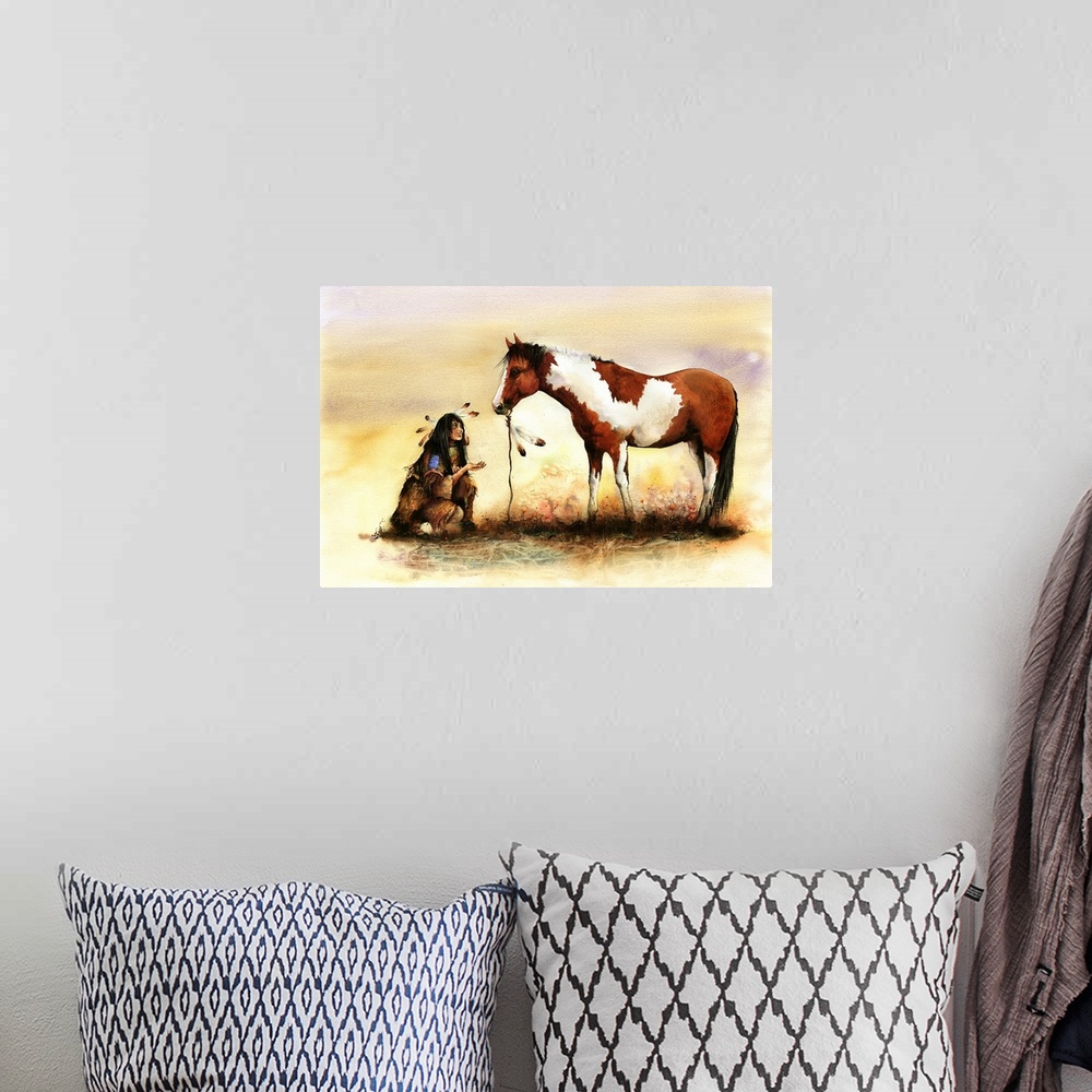 A bohemian room featuring A Native American Indian girl offers a treat to an Indian pony. Originally painted with watercolo...
