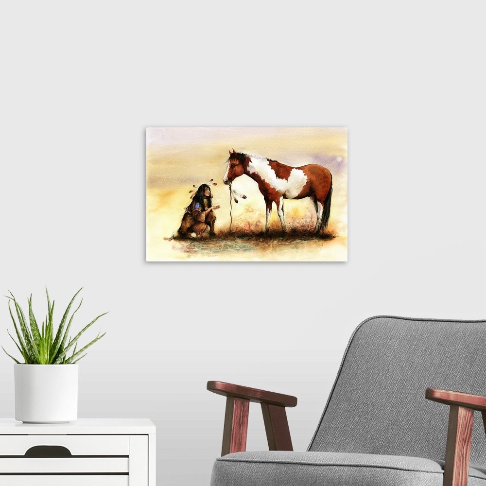 A modern room featuring A Native American Indian girl offers a treat to an Indian pony. Originally painted with watercolo...
