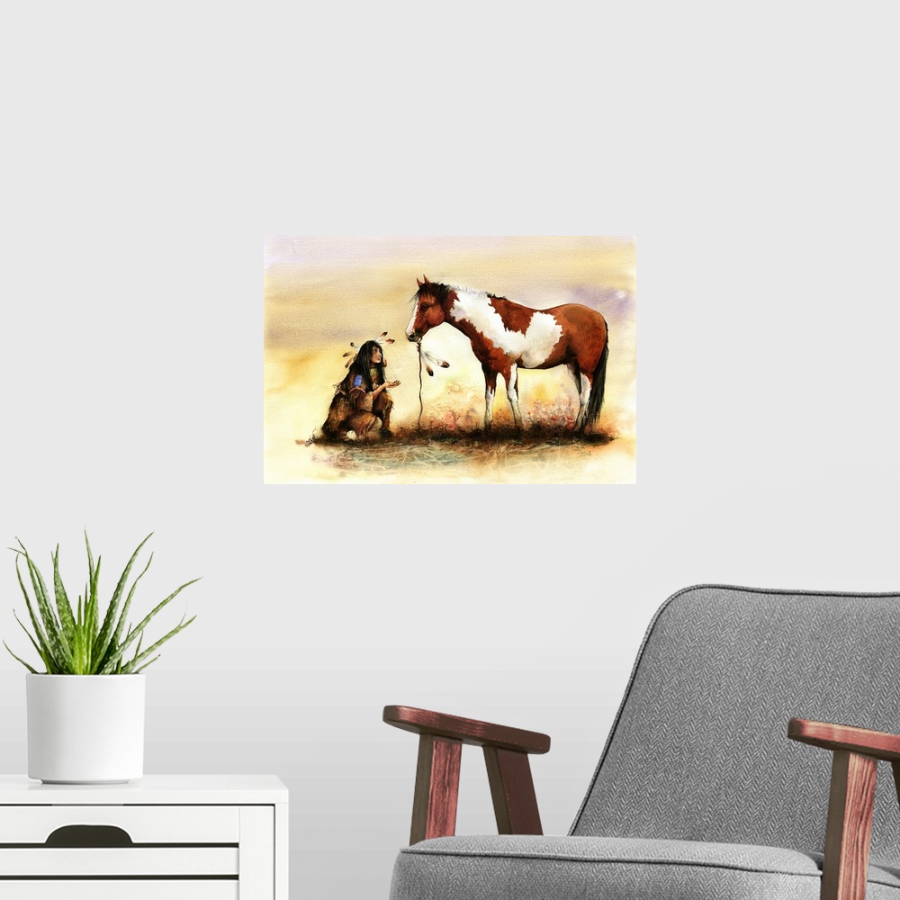 A modern room featuring A Native American Indian girl offers a treat to an Indian pony. Originally painted with watercolo...