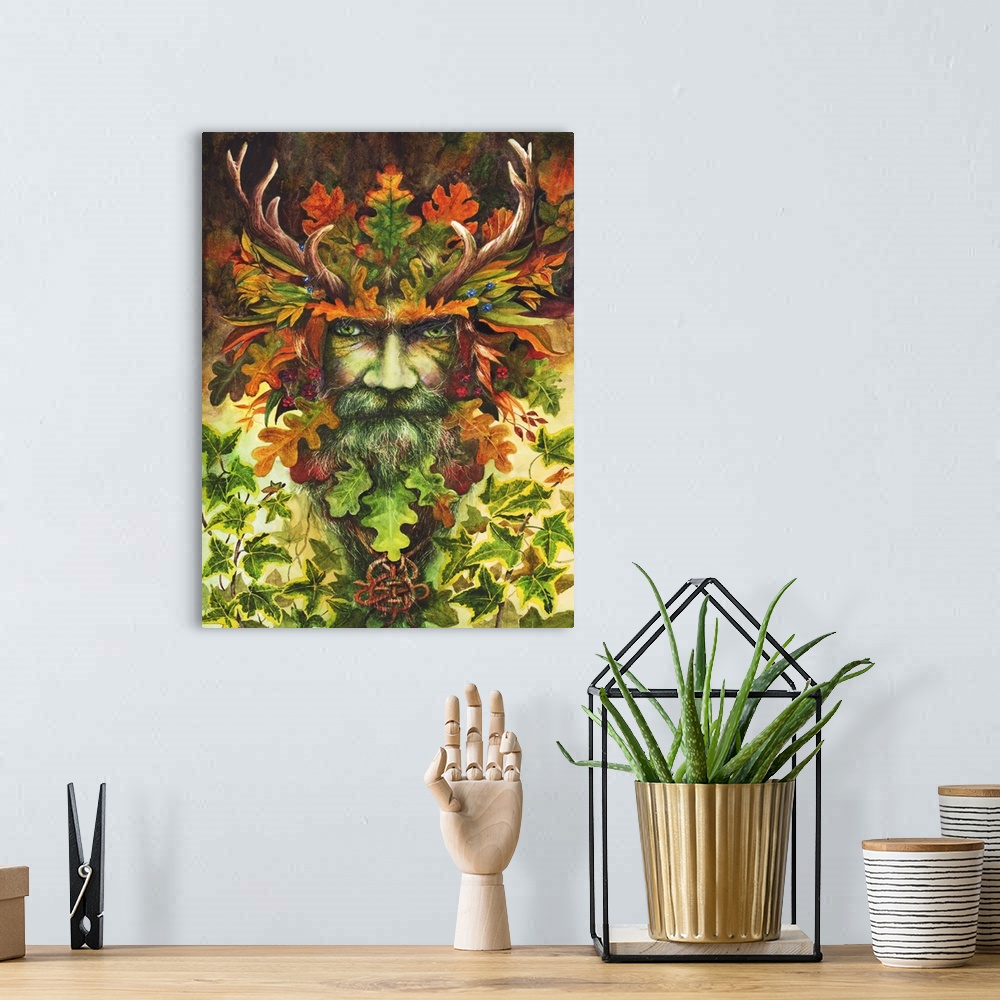 A bohemian room featuring 'The Green Man', the Pagan representation of resurrection and rebirth, also a symbol of fertility.
