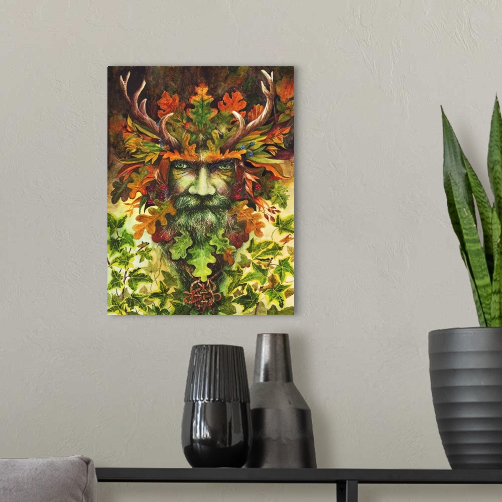 A modern room featuring 'The Green Man', the Pagan representation of resurrection and rebirth, also a symbol of fertility.