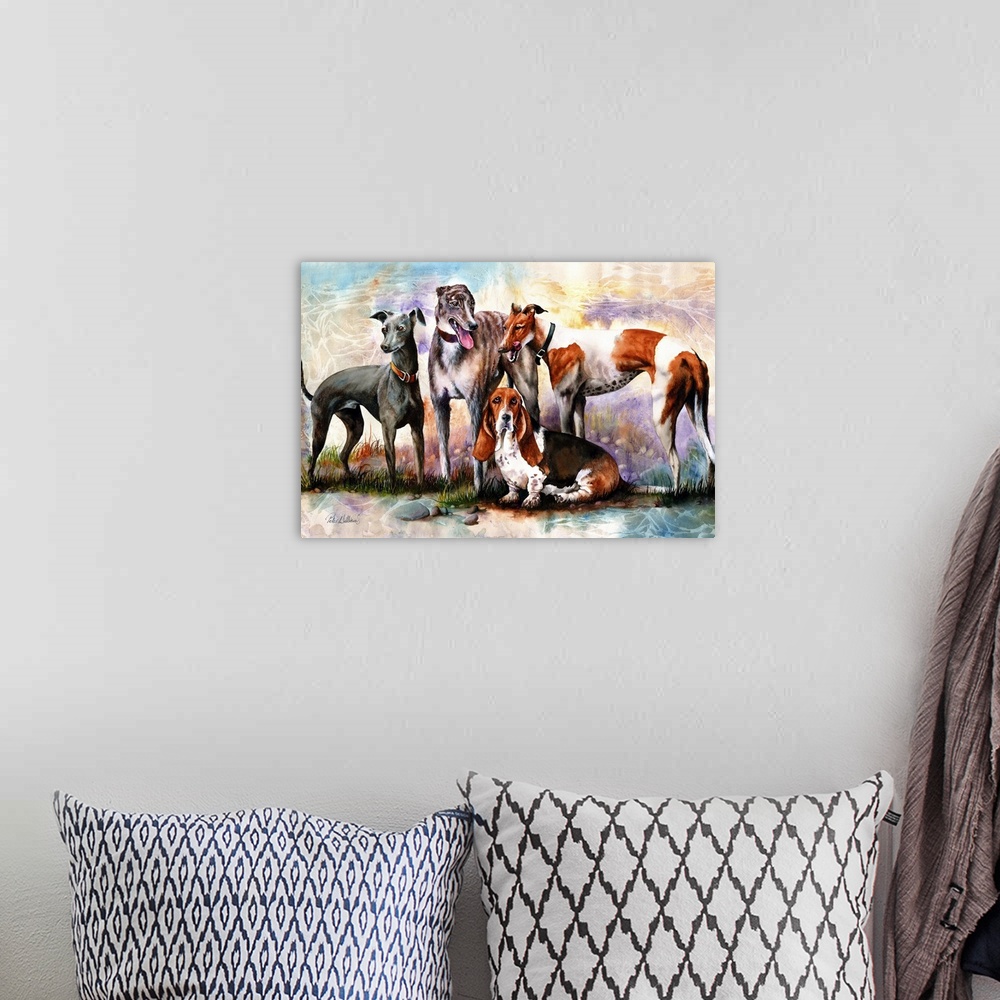 A bohemian room featuring A watercolor portrait of four hounds, including a lovely old Basset hound.