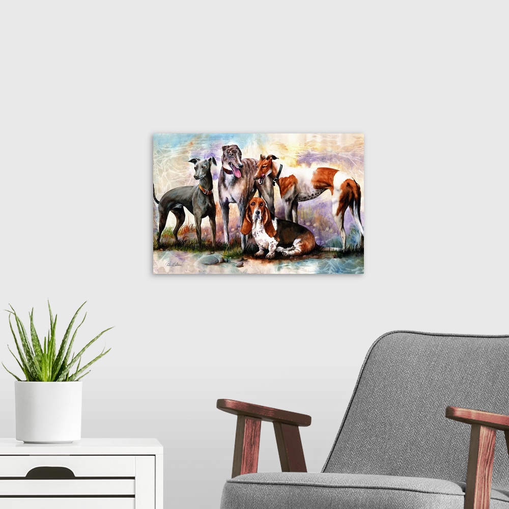 A modern room featuring A watercolor portrait of four hounds, including a lovely old Basset hound.